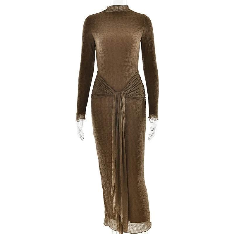 Mozision Elegant Long Sleeve Sexy Maxi Dress For Women Gown Fashion Drape Turtleneck Ruched Bodycon Club Party Long Dress - Empire P.E
