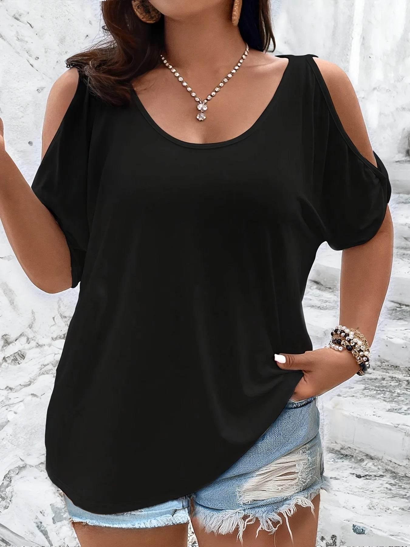 Plus Size Cold Shoulder T-Shirt for Women Casual Loose Fit Summer Top with Trendy Cutouts - Empire P.E