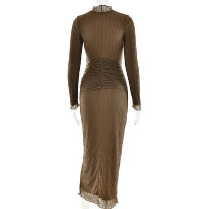 Mozision Elegant Long Sleeve Sexy Maxi Dress For Women Gown Fashion Drape Turtleneck Ruched Bodycon Club Party Long Dress - Empire P.E