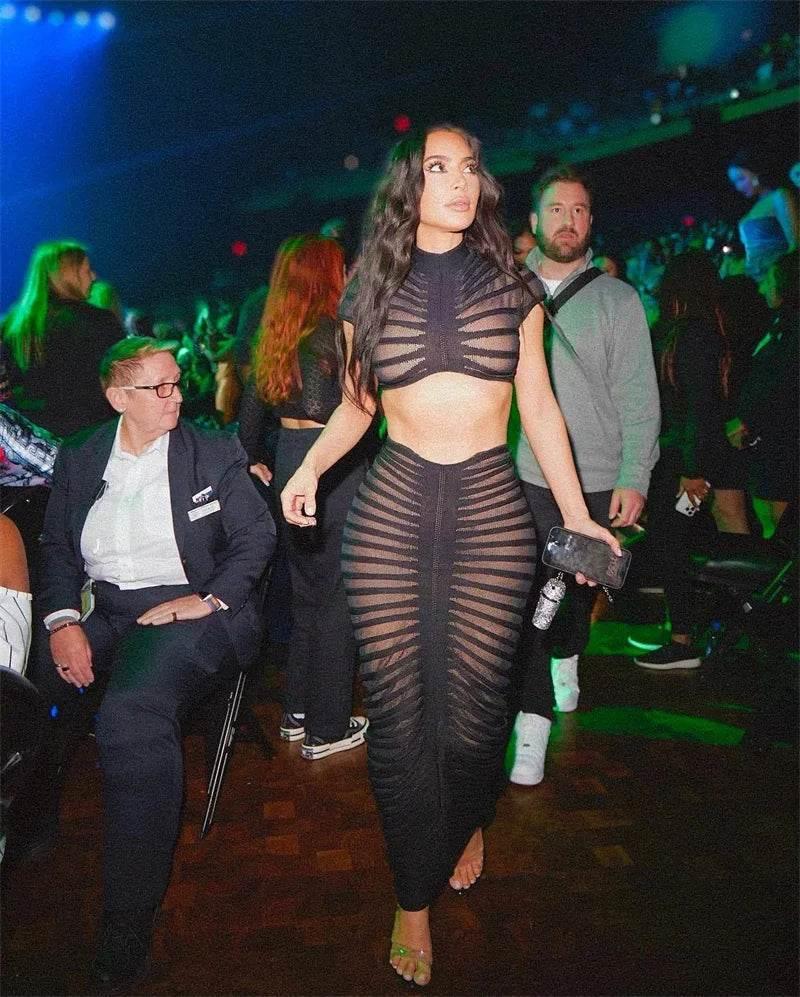 Sexy Knitted Striped 2 Piece Sets Women Outfit Y2K Clothes Birthday Sheer Crop Top and Long Skirt Set Elegant Night Club Outfits - Empire P.E