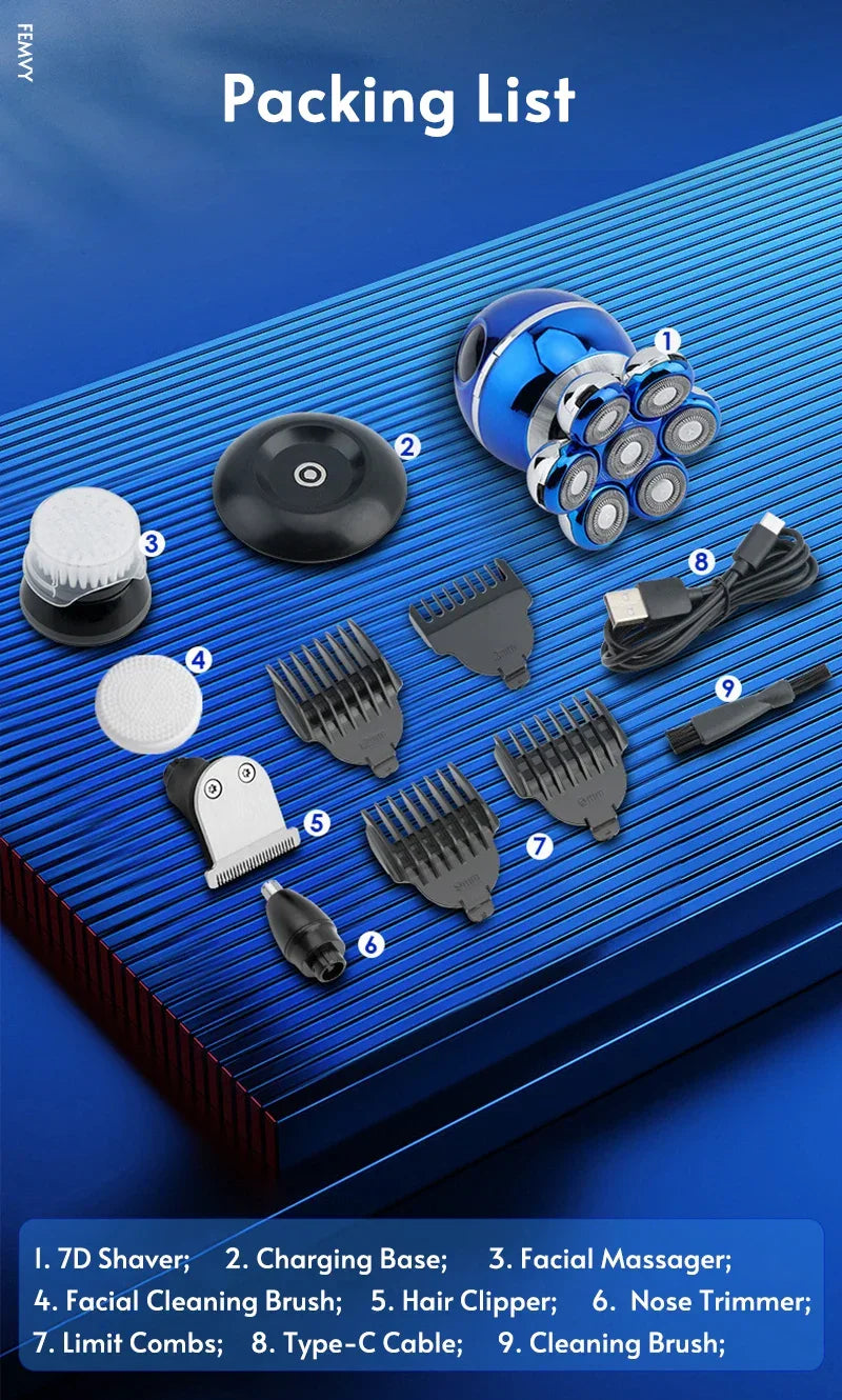 Newest 5-in-1 Electric Shaver 7D Floating Cutter Head Bald Hair Clipper Wireless Charging Men Nose Trimmer Electric Beard Razor - Empire P.E