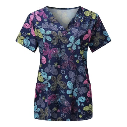 Ladies Nurse Uniform Short Sleeve V-neck Workwear Flower Print Working Uniform - Empire P.E