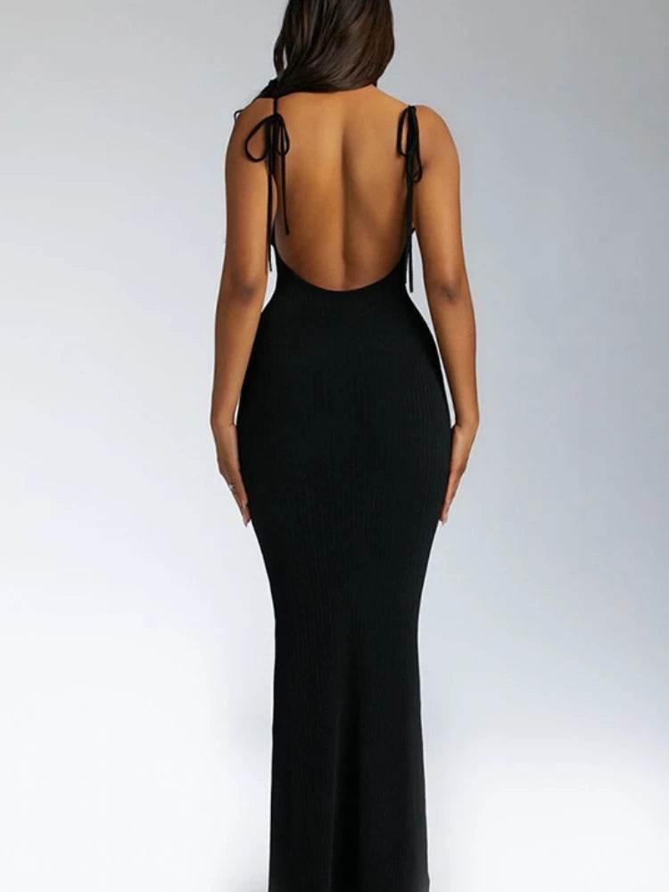 Sexy Ribbed Knitting Backless Bodycon Maxi Dress Women Spaghetti Strap Solid Color Long Evening Dress Club Party Vestidos - Empire P.E