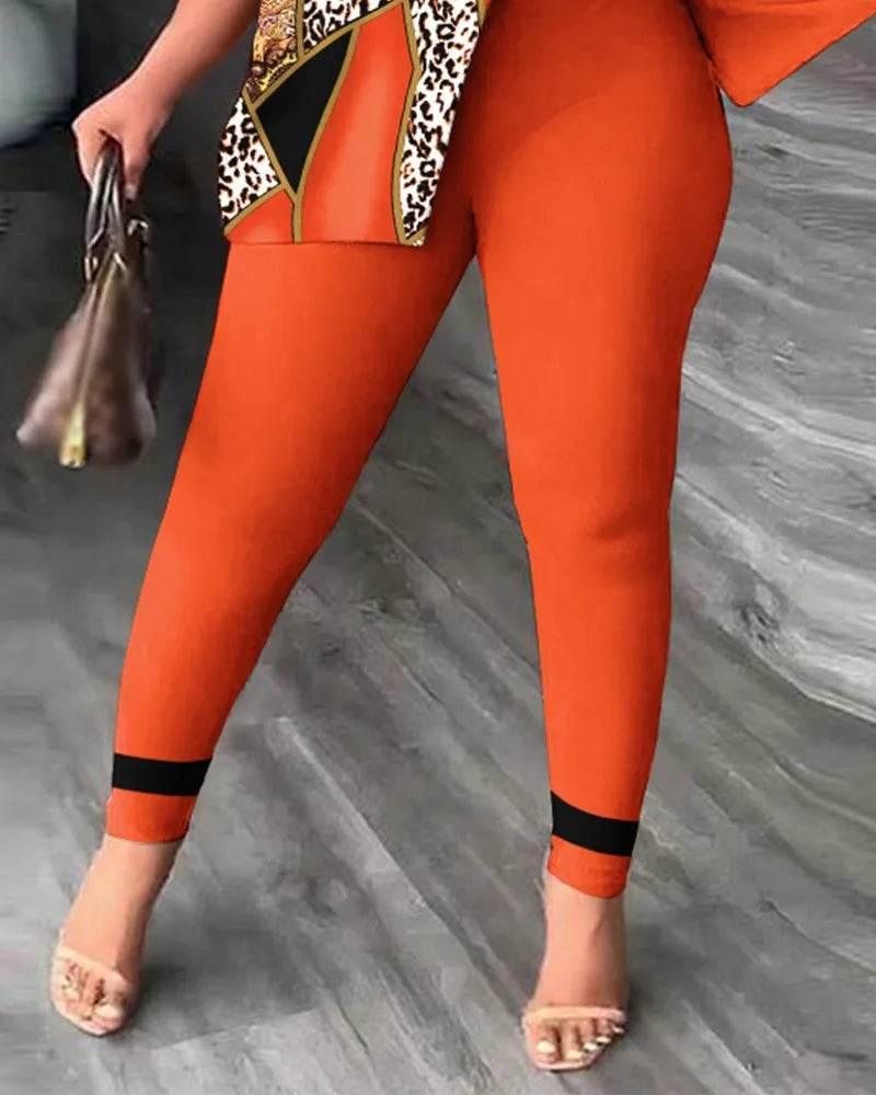 Elegant Women Two Piece Set Suits New Fashion Printed Ruffle Sleeve Top Solid Color Pants Set With Belt Blouses Female Clothing - Empire P.E