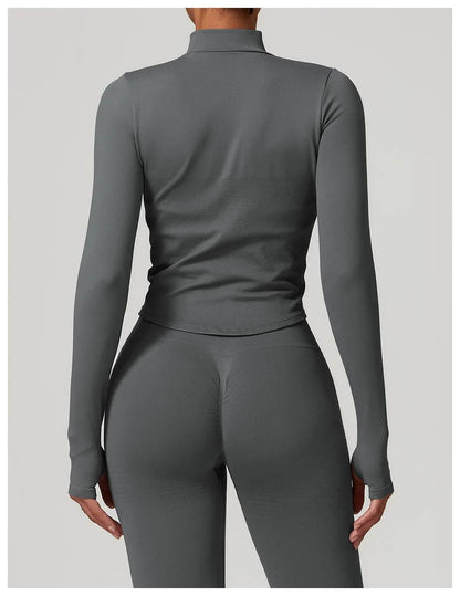 Women Seamless Zipper Jacket Yoga Long Sleeved Gym Top Ribbed Yoga Stand Collar Jacket Running Workout Sport Coat Women's Shirts - Empire P.E