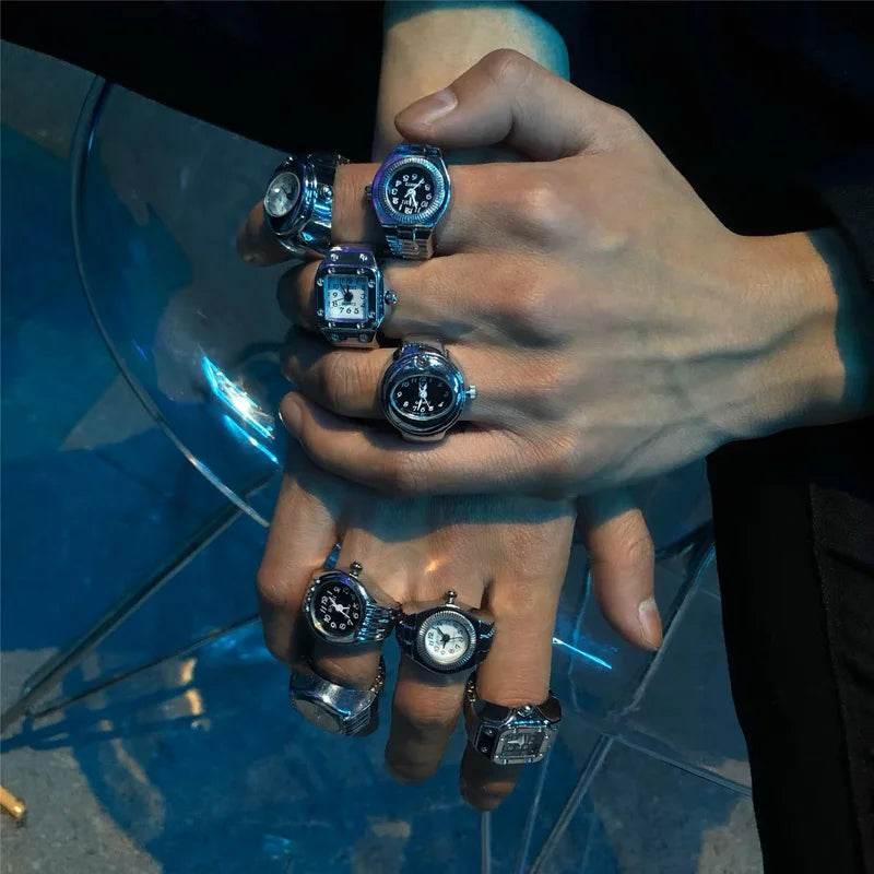 Vintage Punk Finger Watch Mini Elastic Strap Alloy Watches Couple Rings Jewelry Clock Retro Roman Quartz Watch Rings Women Men - Empire P.E