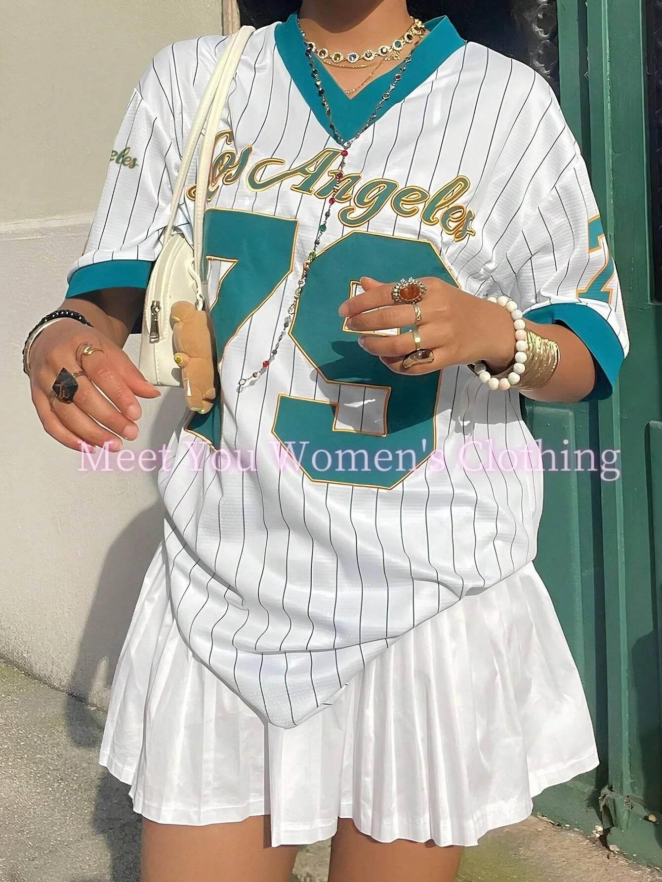 Women Los Angeles Number 79 Print V-Neck Short Sleeve T-Shirt Summer Graphic Tee Baseball Jerseys Stripe Oversized Sport T-Shirt - Empire P.E