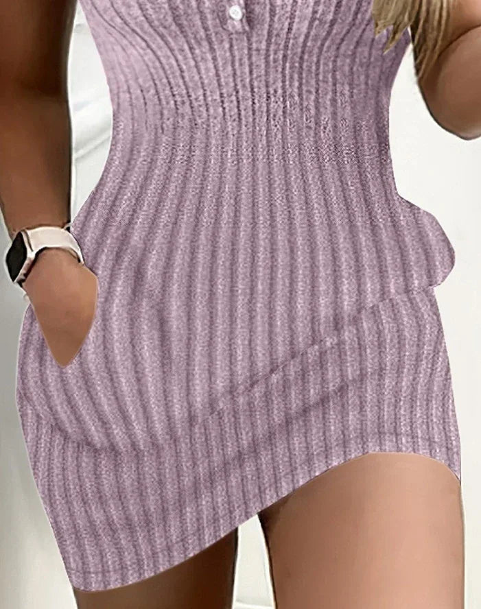 Solid color ribbed pocket design tight fitting dress - Empire P.E