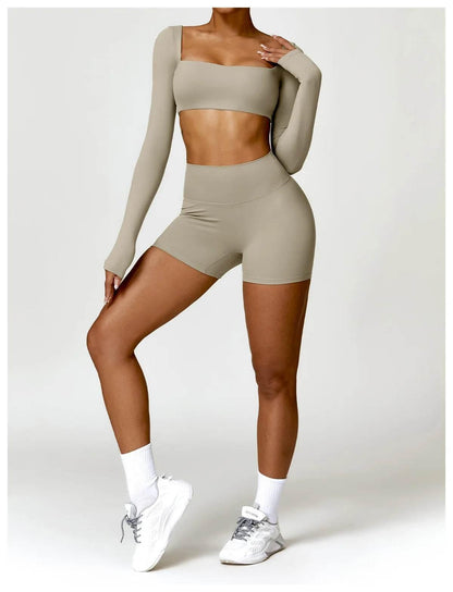 Hearuisavy 2PCS Long Sleeve Gym Set Women Yoga Clothes Quick-Drying Sportswear Running Leggings Workout Sports Crop Top Women - Empire P.E