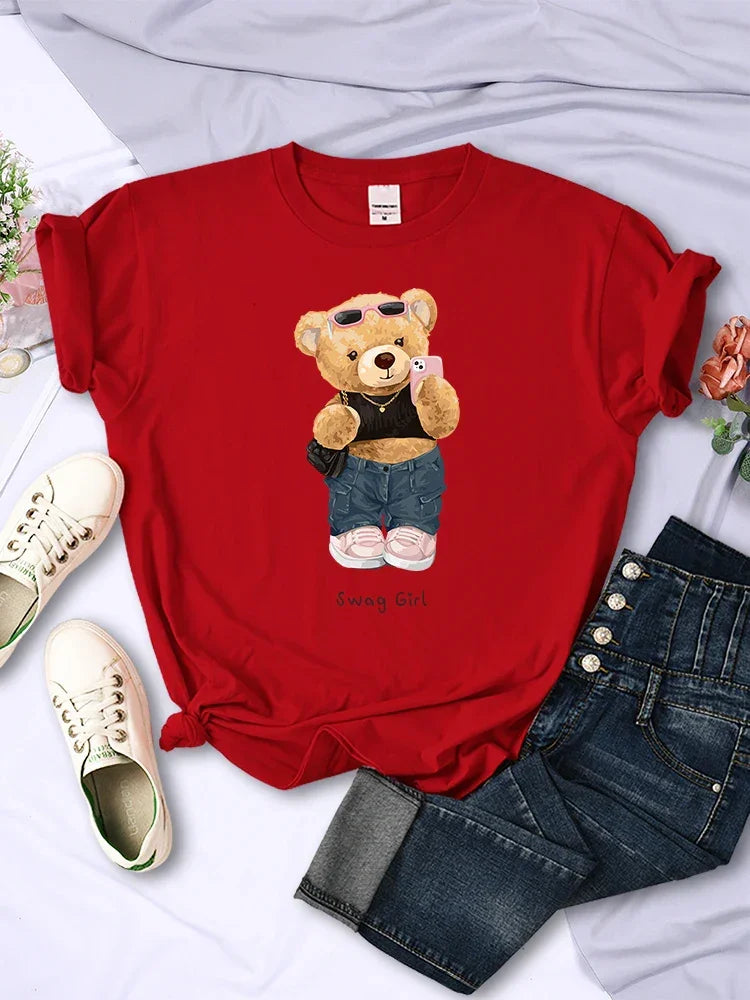 Street Teddy Bear Selfie Swag Girl Funny Printed T-Shirts - Empire P.E