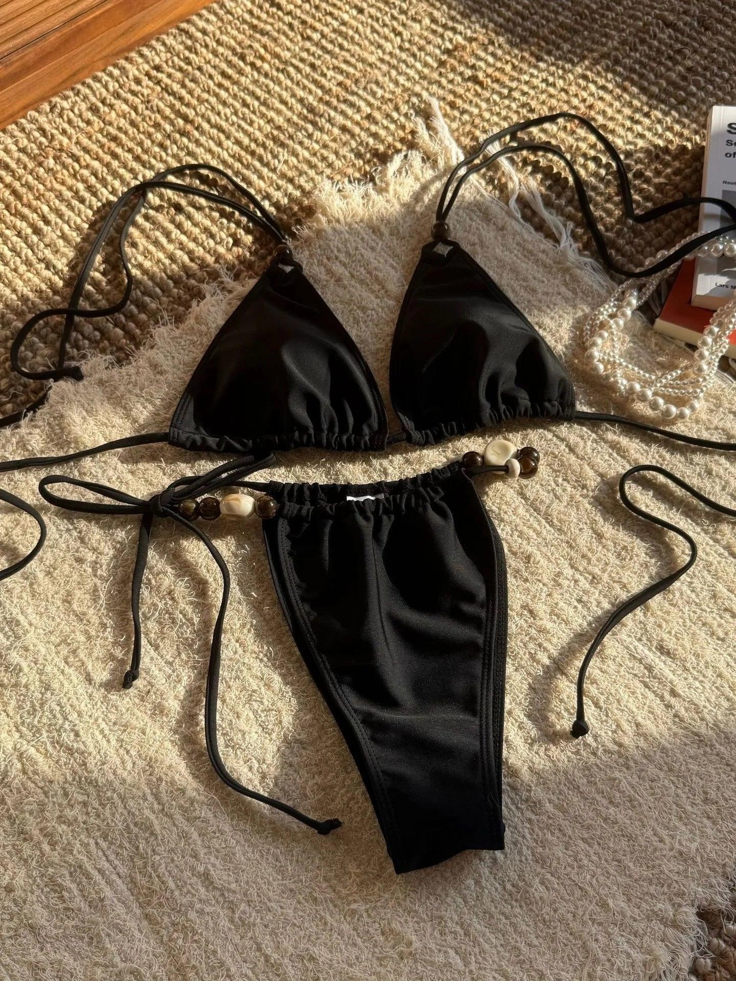 Women Solid Halter Push Up Bra Tie Side Triangle Swimsuit - Empire P.E
