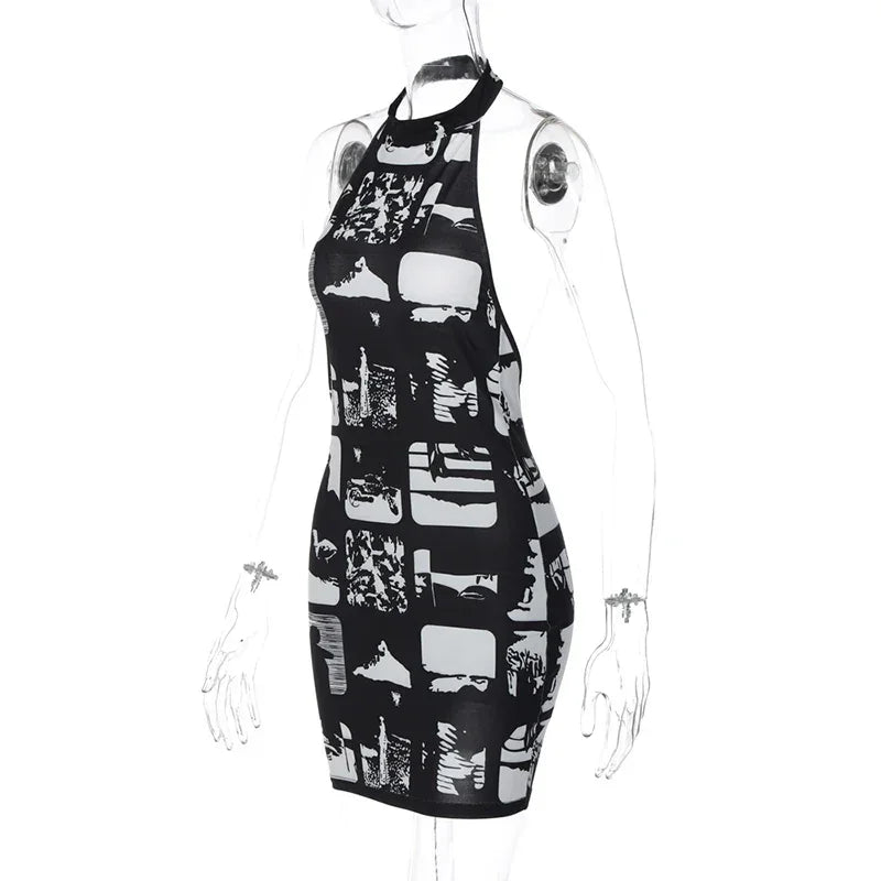 Hugcitar Vintage Print Halter Sleeveless Backless Sexy Slim Bodycon Mini Dress 2023 Summer Y2K Outfit Streetwear Nightclub Biker - Empire P.E