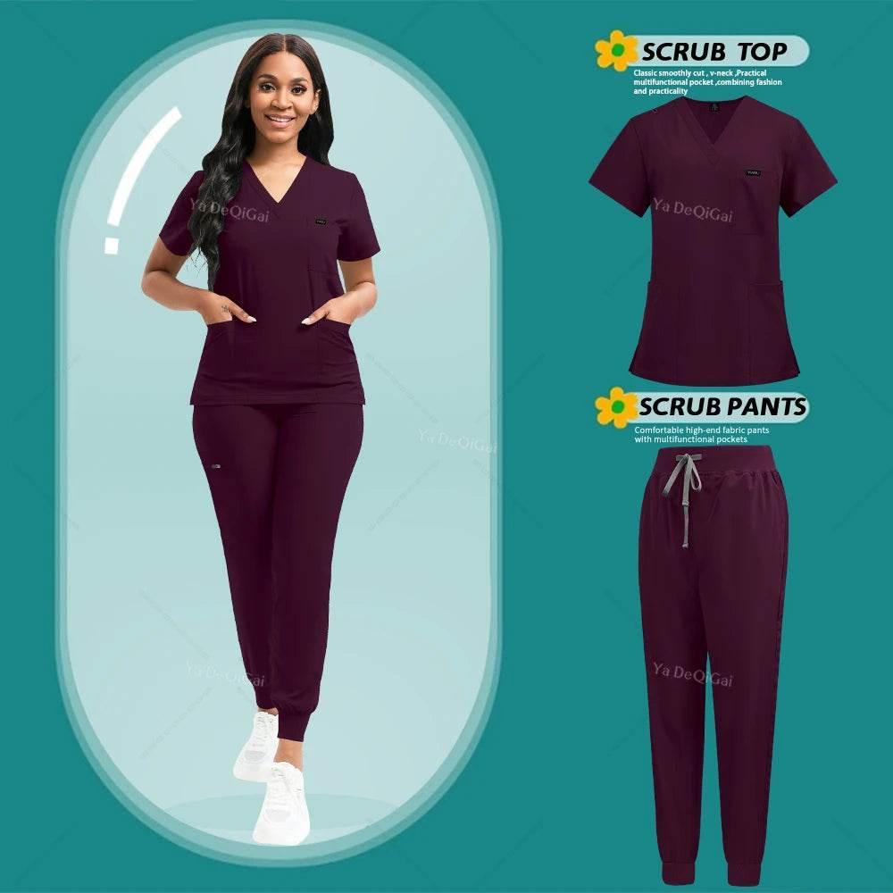 Stretch Scrubs Women Set Nursing Uniforms Clinical Scrubs Set Nurse Doctor Dustproof Workwear Medical Scrubs Top+ Jogger Pants - Empire P.E