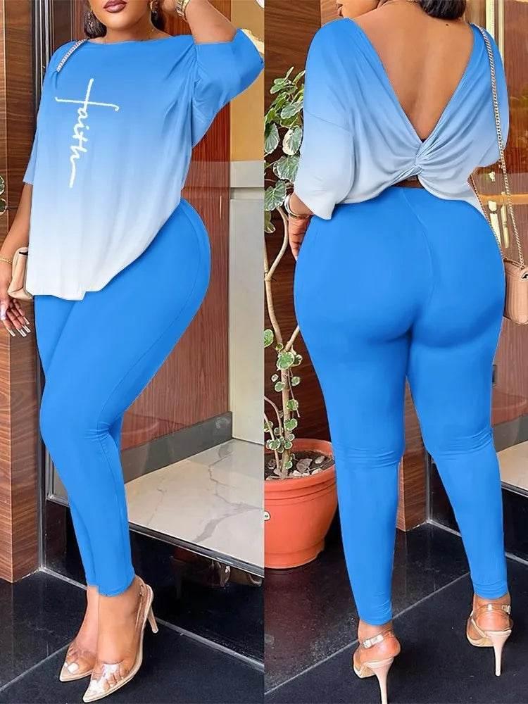 Autumn Women's New Fashion Printed Suit Round Neck Sexy Backless Quarter-sleeved Trousers Casual And Comfortable Two-piece Set - Empire P.E