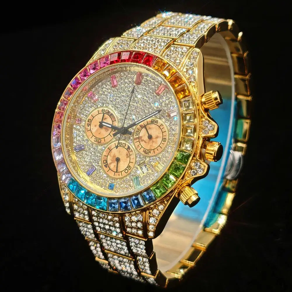 Men's Hip Hop Rainbow Diamond Shiny Jewelry Fashion Gold Watch