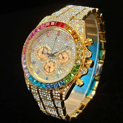 Men's Hip Hop Rainbow Diamond Shiny Jewelry Fashion Gold Watch