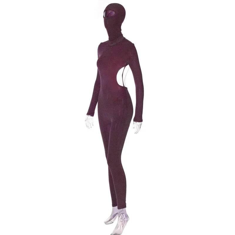 Sequins Silk Jumpsuits With Headwear 2024 Autumn Women Sexy Turtleneck Backless Long Sleeve Skinny Overalls Party Club Rompers - Empire P.E