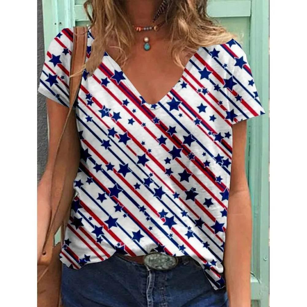 Fashion Women's T Shirt USA Flag Print Harajuku T-shirt Summer 2023 Top Kawaii Tees V Neck Pluse Size American Lady Y2k Clothing - Empire P.E