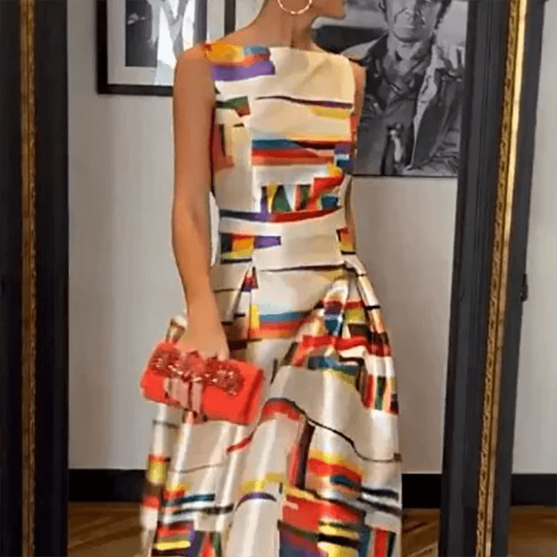 Elegant Printed O-Neck Evening Dress 2023 Sexy Hollow Sleeveless Waist Tank Dress New Casual Pleated Office Long Dress Vestidos - Empire P.E