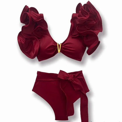 Two-Pieces Women Floral 2025 Push-Up Padded Bra Ruffles Bandage Bikini Set