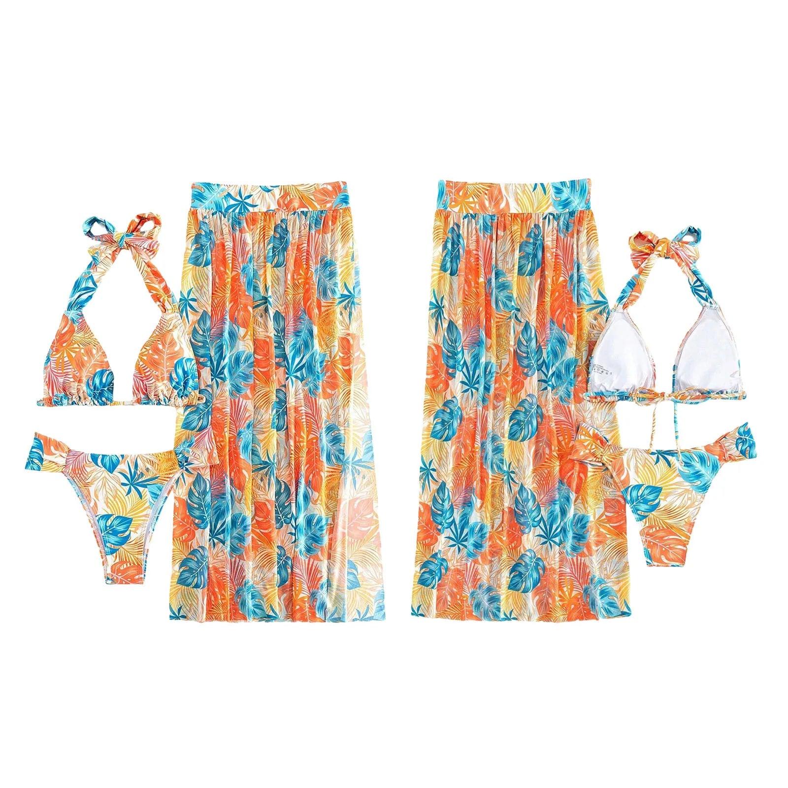 Summer Women Swimwear Leaf Print Tie Up Halter Bathing Suit Tops Shorts Split Beach Cover Up Skirt Female 3pcs Swimsuit Set - Empire P.E