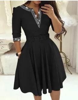 Dress for Women Streetwear 2023 Autumn and Winter Elegant Waist Wrapped Mid Long Sleeve Solid V-Neck Fashion Dresses with Belt - Empire P.E