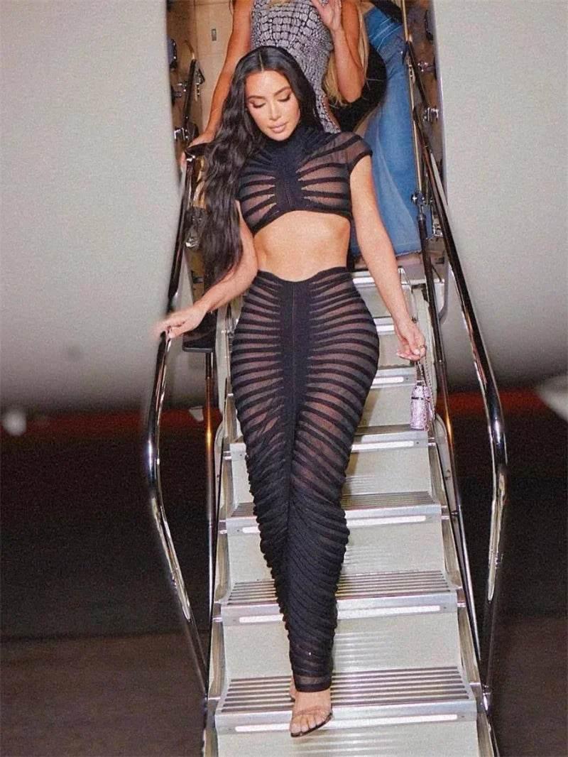 Sexy Knitted Striped 2 Piece Sets Women Outfit Y2K Clothes Birthday Sheer Crop Top and Long Skirt Set Elegant Night Club Outfits - Empire P.E