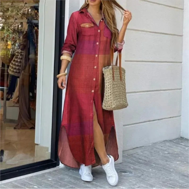 Long Sleeve Dress Plaid Robe Maxi Beach Dress - Empire P.E
