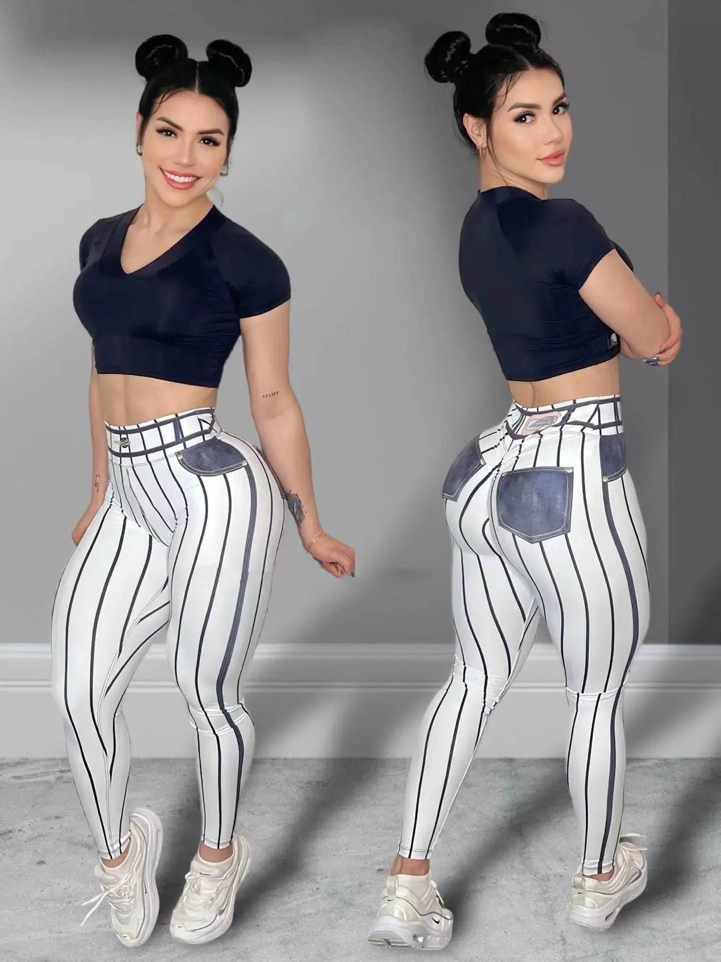 Women High Waist Sports Leggings Stripe Print Stretchable Yoga Pants Sexy Tight Fitness Workout Gym Push Up Causal Pant - Empire P.E