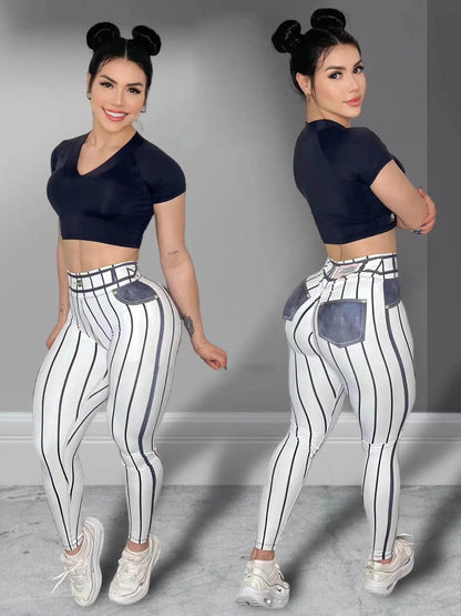 Women High Waist Sports Leggings Stripe Print Stretchable Yoga Pants Sexy Tight Fitness Workout Gym Push Up Causal Pant - Empire P.E
