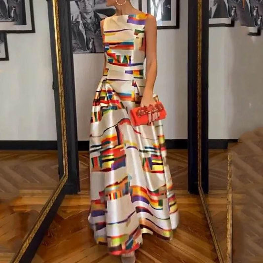 Elegant Printed O-Neck Evening Dress 2023 Sexy Hollow Sleeveless Waist Tank Dress New Casual Pleated Office Long Dress Vestidos - Empire P.E