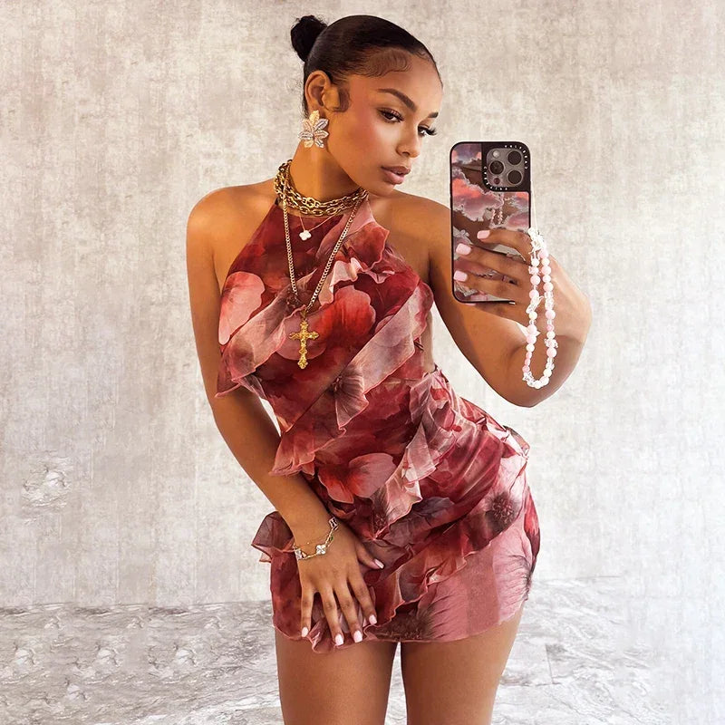 Floral Printing Ruffles Mini Dress - Empire P.E