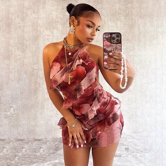 Floral Printing Ruffles Mini Dress - Empire P.E