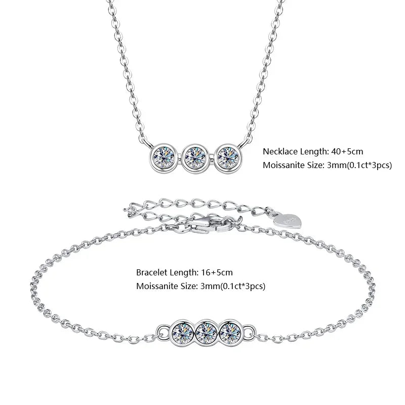 3mm Moissanite Jewelry Sets Real 925 Silver for Women 3 Stones Pendant Necklace Stud Earrings Set - Empire P.E