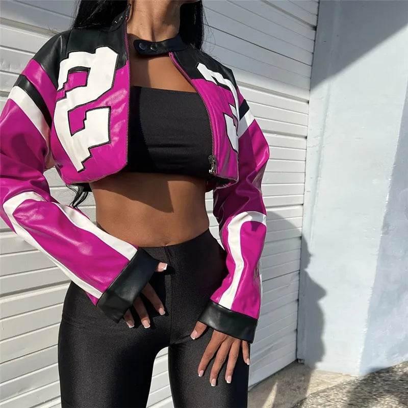 Streetwear Fashion Women Faux Leather New Jacket Letter Print Autumn Casual Sporty Wild Streetwear Uniform Trend Lady Crop Coat - Empire P.E