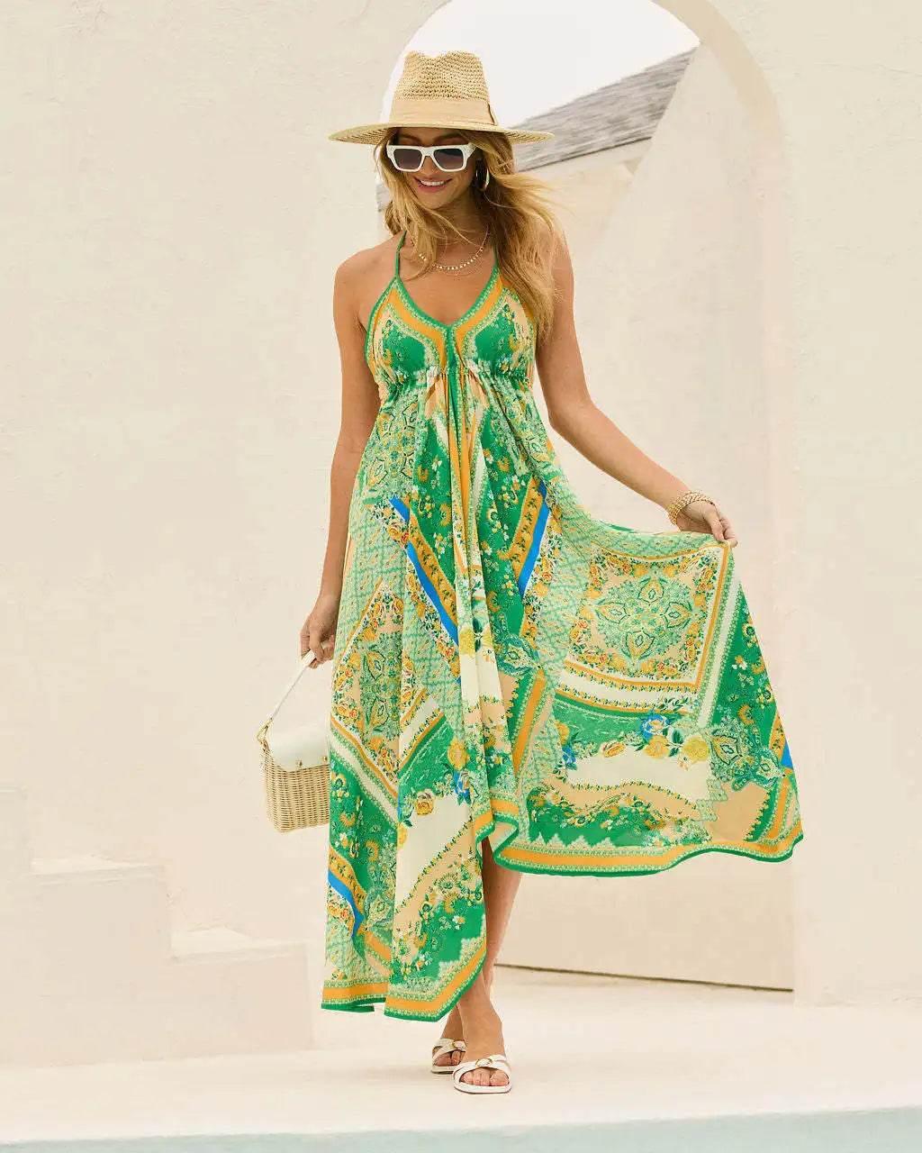 Women's Summer V-neck Halter Bohemian Floral Long Dress,Women Clothing,Red Dress,Sexy Dress Women,Sundress,Beach Dresses - Empire P.E
