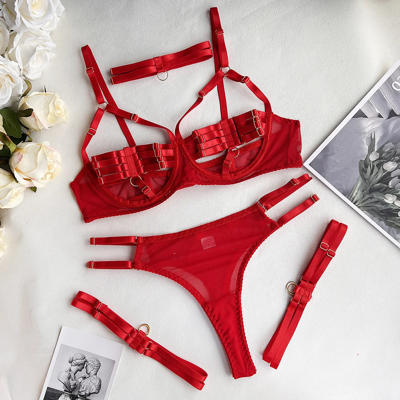 Yimunancy 4-Piece Bandage Erotic Set Women Choker Cut Out Solid Vintage Purple Sexy Lingerie Set Breif Kit - Empire P.E