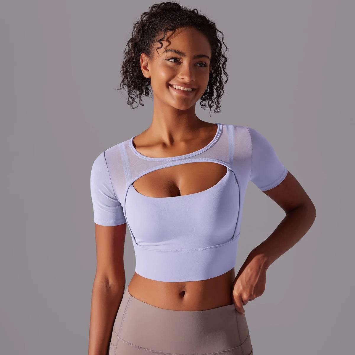 Solid Color Yoga Short Sleeve Sexy Double Layer Yoga Tank Top Spliced Mesh Yoga Clothing Top Fitness Running Sports Bra Women - Empire P.E