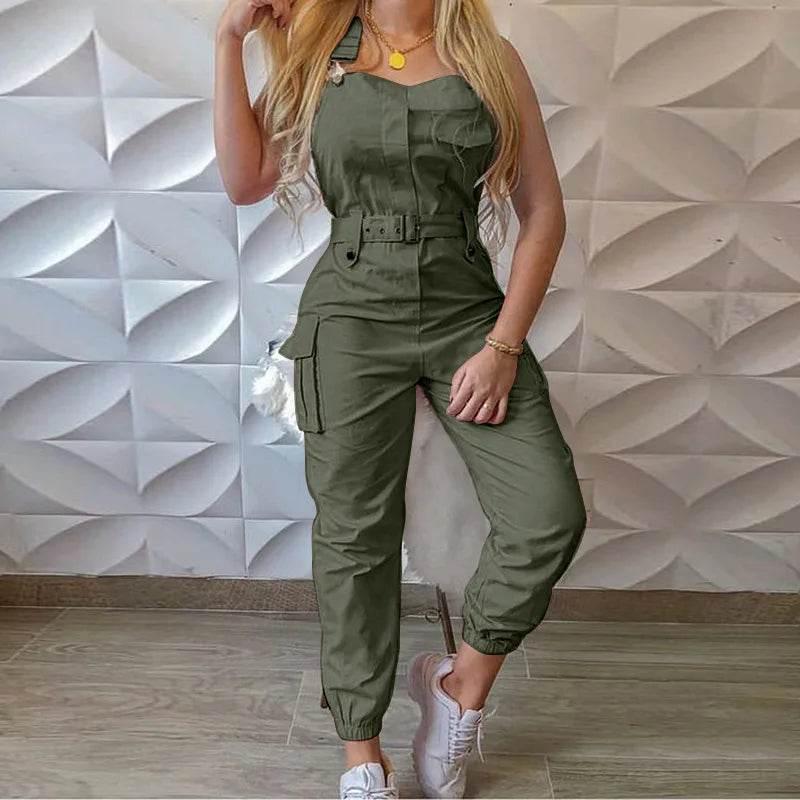 Autumn Women's Clothing Bodysuit Jumpsuit 2023 Simple Zipper Cargo High Waisted Conjoined Body Pants Sleeveless Strap Trousers - Empire P.E