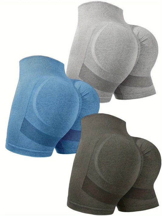 3-piece set of women's yoga wear high waist and high hips solid color casual sports shorts