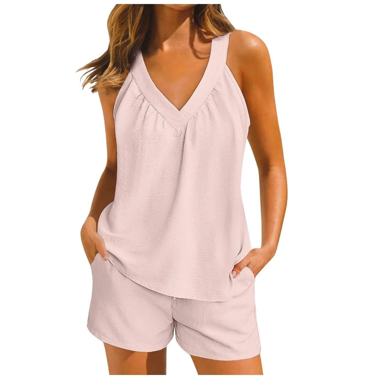 Women'S Summer Casual Suit New Urban Casual Women'S Solid Color Sleeveless Vest Elastic Shorts Home Clothes Two-Piece Set - Empire P.E