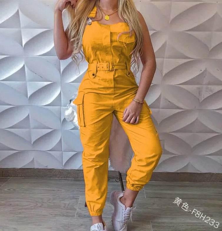 Autumn Women's Clothing Bodysuit Jumpsuit 2023 Simple Zipper Cargo High Waisted Conjoined Body Pants Sleeveless Strap Trousers - Empire P.E