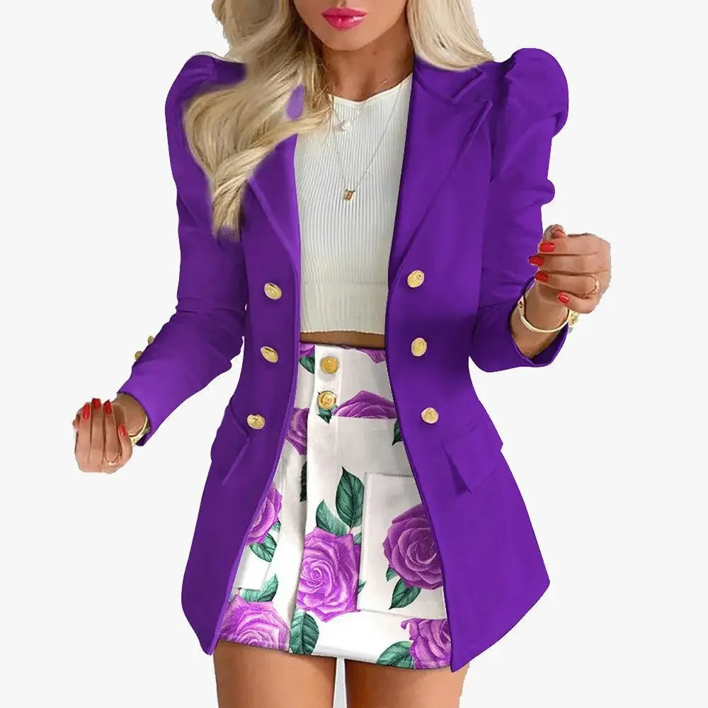 Women's Casual Floral Print Puff Sleeve Blazer Coat & Skirt Two Piece Suit - Empire P.E