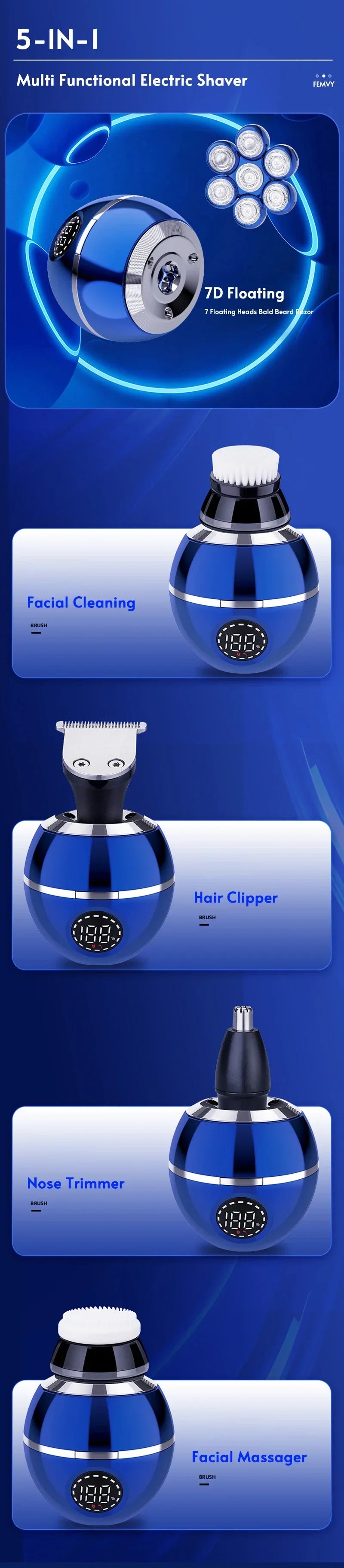 Newest 5-in-1 Electric Shaver 7D Floating Cutter Head Bald Hair Clipper Wireless Charging Men Nose Trimmer Electric Beard Razor - Empire P.E