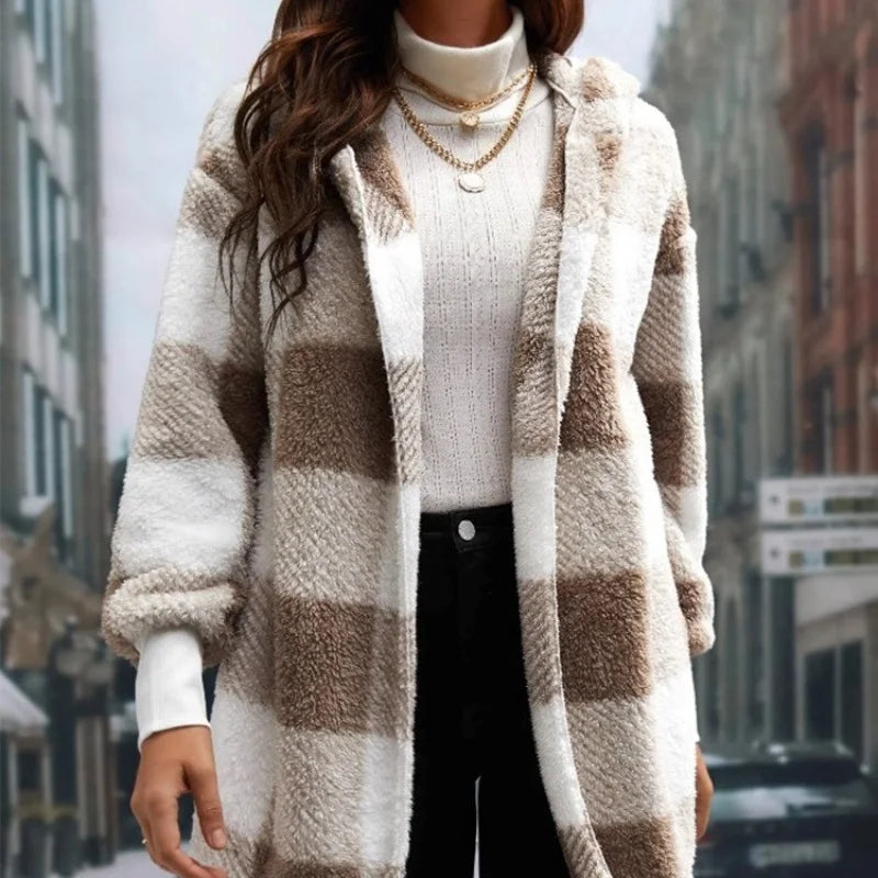 Women Autumn Winter Double Fleece Plaid Outerwear Coat