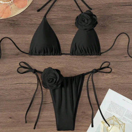 Sexy 3D Flowers Halter Strappy Bikini Swimsuit Two-pieces Bikini Set - Empire P.E