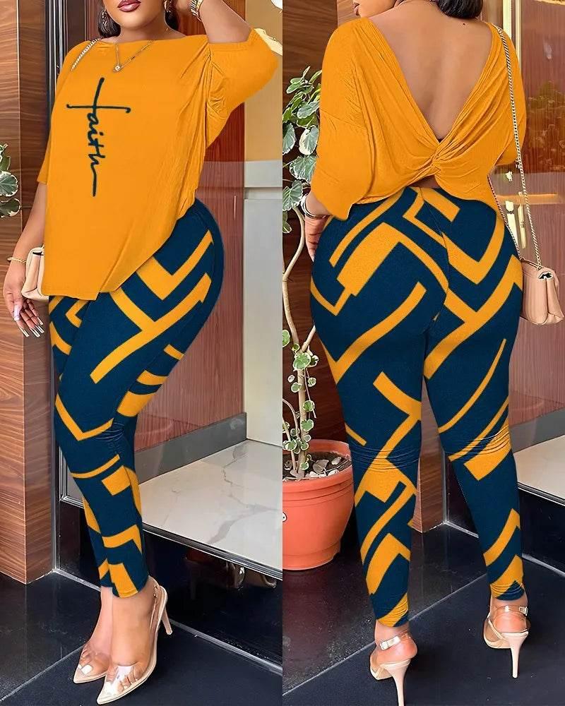 Autumn Women's New Fashion Printed Suit Round Neck Sexy Backless Quarter-sleeved Trousers Casual And Comfortable Two-piece Set - Empire P.E