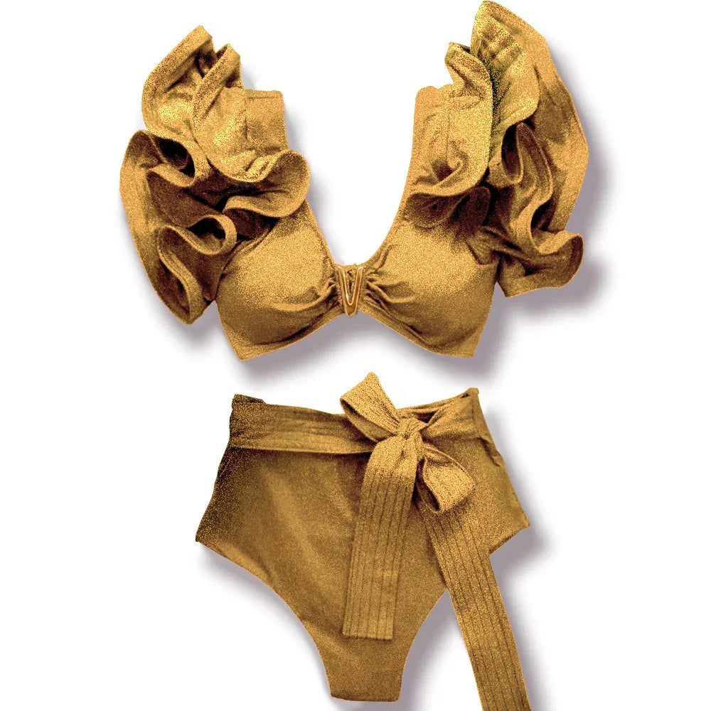 Two-Pieces Women Floral 2025 Push-Up Padded Bra Ruffles Bandage Bikini Set
