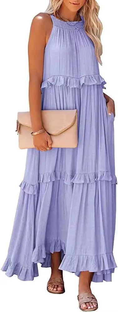 Women Casual Solid Ruffles Long Dress - Empire P.E