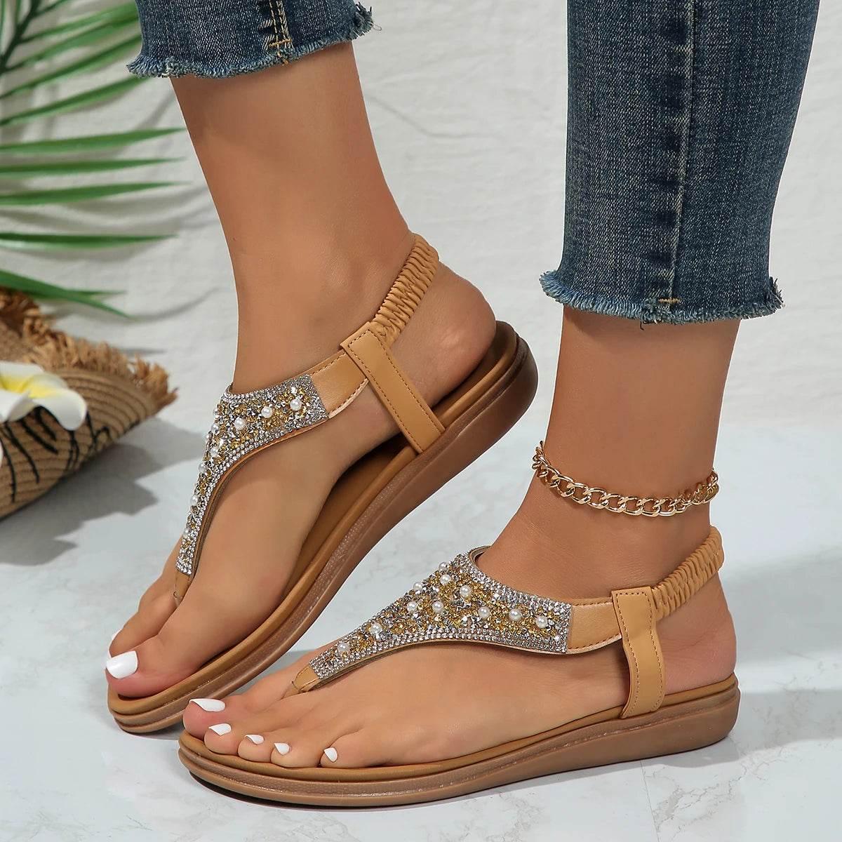 Clip Toe Bohemian Style Sandals for Women Fashion Mix Color Pearl Rome Sandals Woman 2024 New Flat with Non-Slip Beach Shoes - Empire P.E